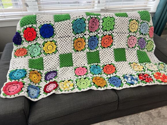 Handmade Other - Handcrafted Colorful Granny Square Crochet Afghan Grandma Flower Roseanne Chic